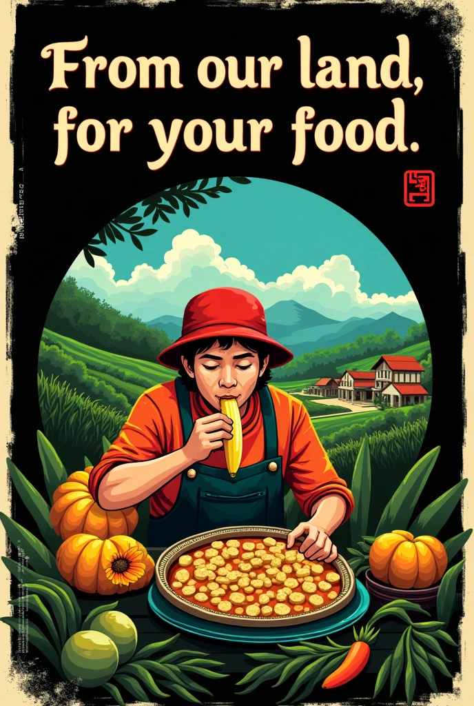 Poster with the theme of local food (Siantar/North Sumatra) with some word" From our land, for Our Food"
(With a 1 people eat food or fruit, like banana, potato anything, have some vegetable ) with view like a village or just background black