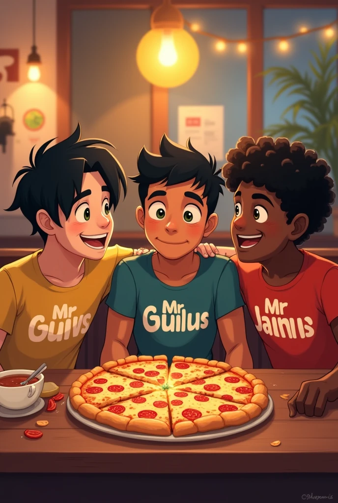 make a picture where 3 friends are together eating pizza. the first friend is white, has straight black hair and is wearing a shirt that says "Mr. Guilus". the second friend has black wavy hair, is muscular and has a shirt that says "Mr. James". the last friend is black, thin and with short curly hair who is wearing a shirt with the word "Mr. CHAMOMILE". Make the names on the shirts explicit