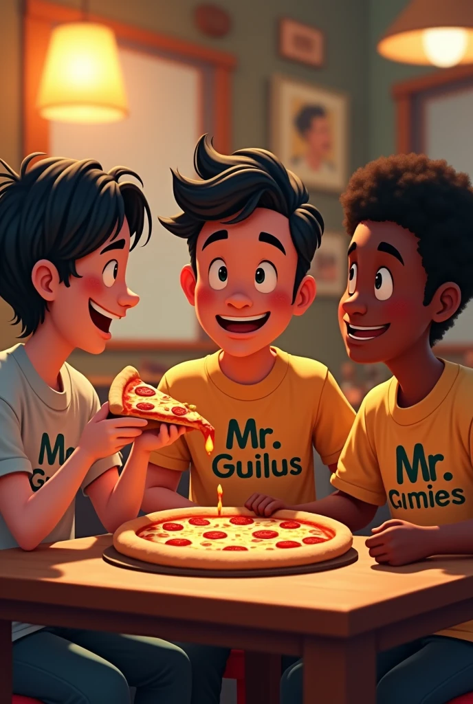 make a picture where 3 friends are together eating pizza. the first friend is white, has straight black hair and is wearing a shirt that says "Mr. Guilus". the second friend has black wavy hair, is muscular and has a shirt that says "Mr. James". the last friend is black, thin and with short curly hair who is wearing a shirt with the word "Mr. CHAMOMILE". Make the names on the shirts explicit