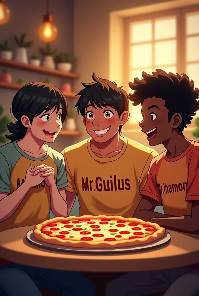 make a picture where 3 friends are together eating pizza. the first friend is white, has straight black hair and is wearing a shirt that says "Mr. Guilus". the second friend has black wavy hair, is muscular and has a shirt that says "Mr. James". the last friend is black, thin and with short curly hair who is wearing a shirt with the word "Mr. CHAMOMILE". Make the names on the shirts explicit