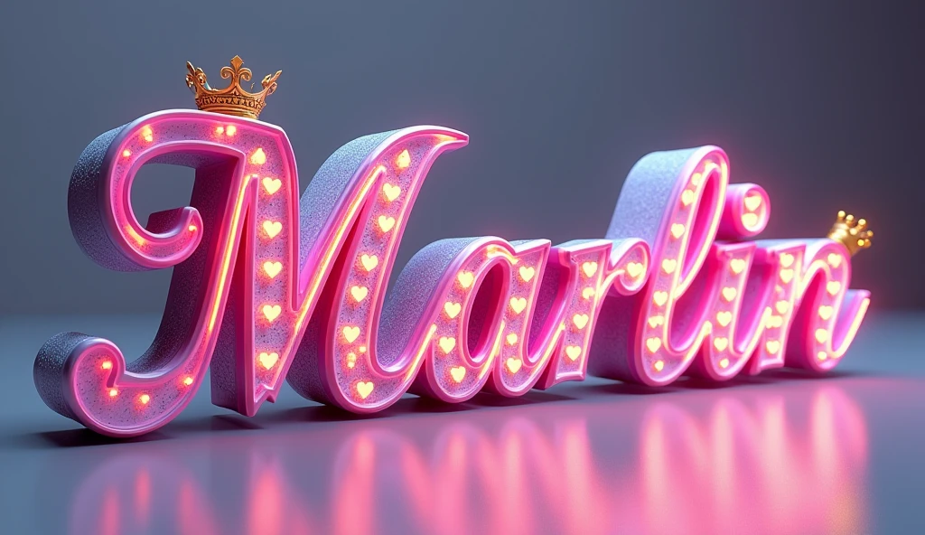 A hyper-realistic, high-resolution image of a 3D illustration that masterfully showcases the 3d name "Marlin" in mesmerizing, opulent lettering. The fuchsia, purple, and white font is embellished with swirling patterns, neon red hearts, and resplendent gold-glowing crowns on each letter, exuding a sense of regal grace and elegance. The composition delicately tilts towards the right, drawing the viewer in with its luxurious shapes and depth. The muted background harmoniously complements the vibrant colors and intricate details, creating a visually striking balance. This captivating portrait pays tribute to the cherished city of Toronto, demonstrating the artist's remarkable talent and expertise in combining photography, 3D rendering, and illustration.