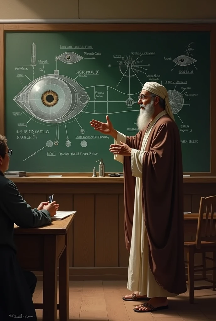 (Alhazen with an eye drawn on a blackboard)
Alhazen: Excellent work, Euclid! I have explained how we see objects and how light interacts with the eye..