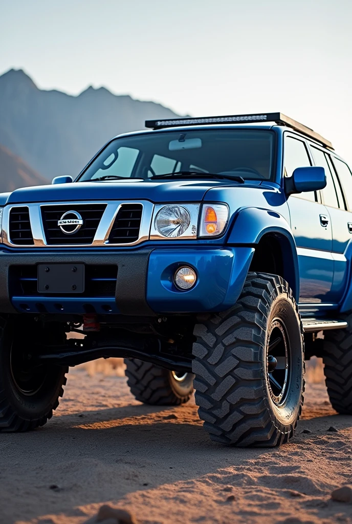 Create image of Nissan patrol 2001 with big wheels and blue body