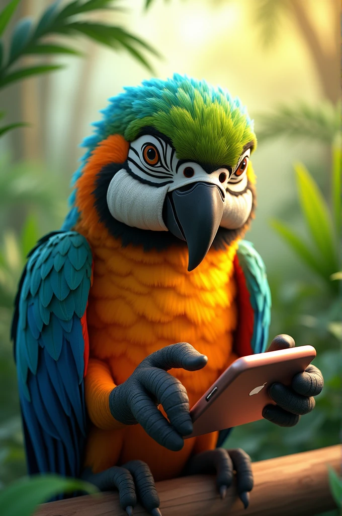 Image of a parrot with its beak bandaged and looking at its phone 