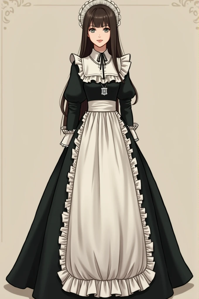 crinoline, victorian 19th century maid long dress, collar with nametag, collar with chain, dark brown hair, long hair, 155cm tall, woman, 1, freckless, small , full body view, slim body, a light green left eye, a deep brown right eye, hairless body, slim but round face, B cup boob