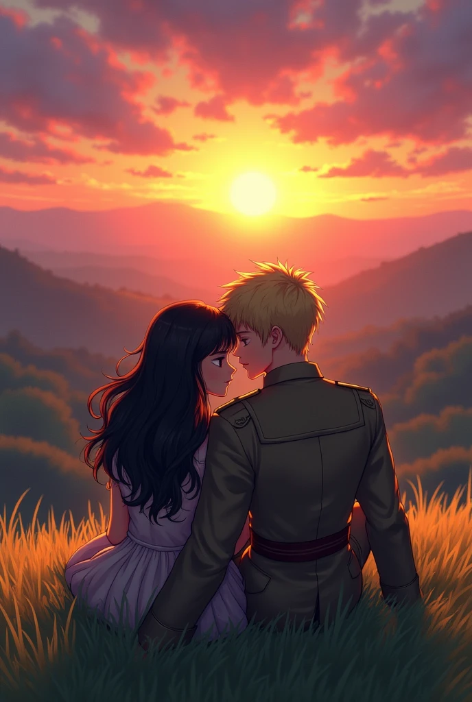 create a scene of a sunset from the top of a hill with a girl with long black hair and hugging her a strong military soldier with blond hair lying on the grass watching the sunset