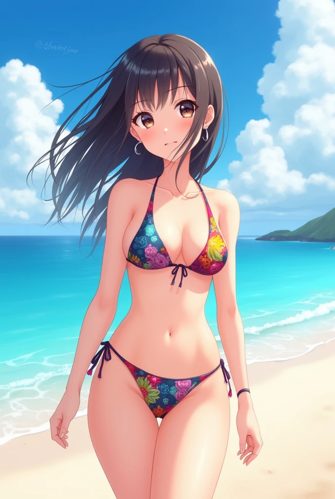 Anime girl standing on beach bikini 