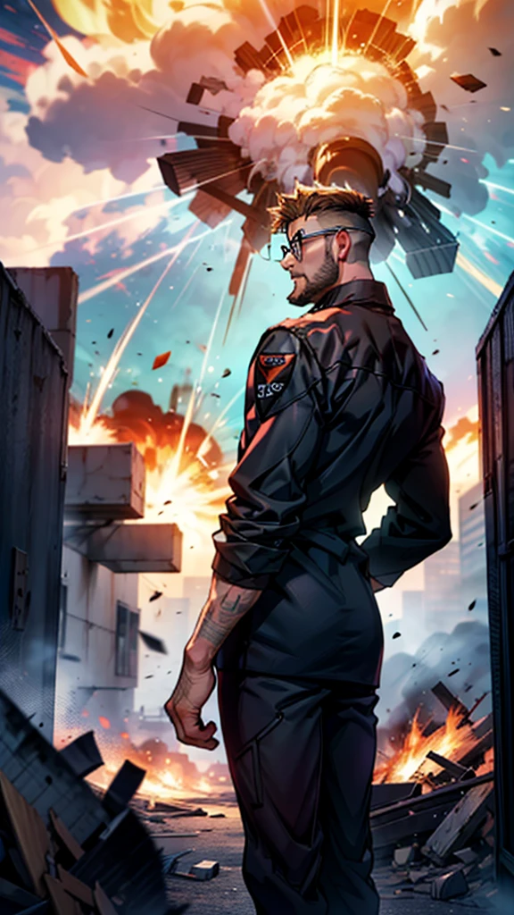 Main character:
Appearance: Young man, tall and thin. Blonde brown hair, uncut. Brown beard, trimmed and well maintained. Perfect fingers. Accessories: Glasses to see, with modern frames. Clothing: Black tactical suit, fitted and designed to highlight your athletic figure.
Scenario: Explosion in the background: A large explosion occupies the center of a square. Fire and debris are thrown into the air, capturing the chaos of the moment. The sky lights up in an intense orange glow from the explosion. Nearby buildings and structures are partially silhouetted by the bright light of the detonation. Visual style:
Quality: High Definition (HD), with sharp details in all elements.
Lighting: The glow from the explosion illuminates the character from behind, creating a dramatic contrast.
Tone: Epic and cinematic 8k, with an emphasis on the serenity of the character against the chaos of the background. Ultra high definition, high resolution, extremely CG details, animated style, cinematic portrait photography, masterpiece, hyper detail