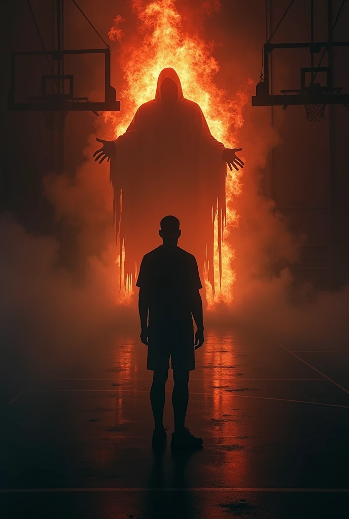Create shadow image of distant man in gym in dark and fire in background with death looking on