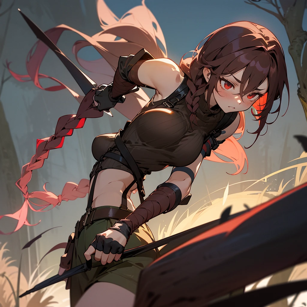 1female, sexy, big breast, young adult, finely detailed red eyes, wild long hair, braided hair, dark brown color hair, adventurer gear, suspenders, sleeveless crop top sweater, combat skirt, night time, dark forest, somber expression, flowers, blushing, standing on path, lanturns, black armband, mma gloves