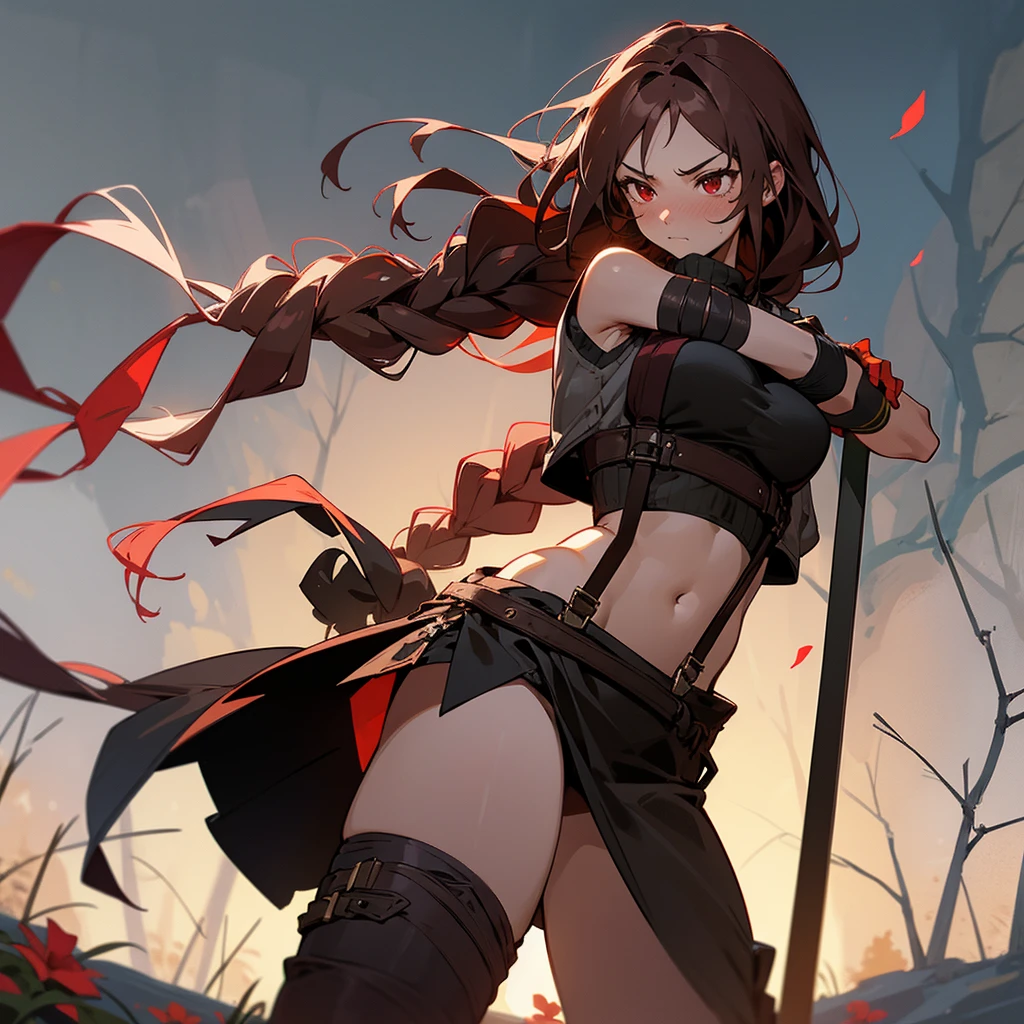 1female, sexy, big breast, young adult, finely detailed red eyes, wild long hair, braided hair, dark brown color hair, adventurer gear, suspenders, sleeveless crop top sweater, combat skirt, night time, dark forest, somber expression, flowers, blushing, standing on path, lanturns, black armband, mma gloves