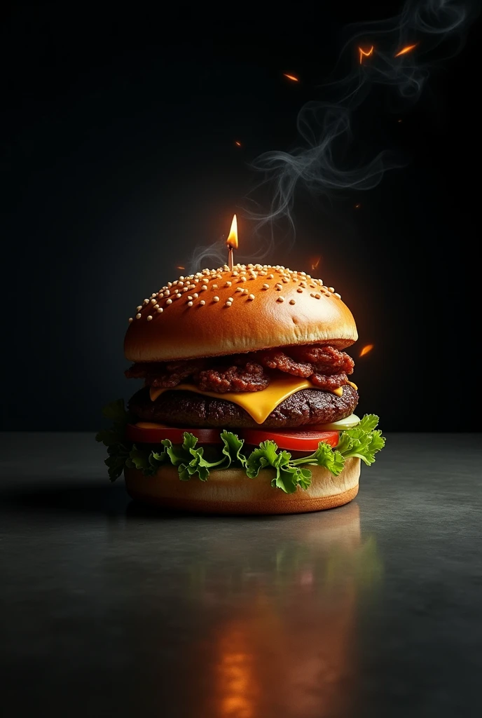 Burger with a clock and less fire with a black background