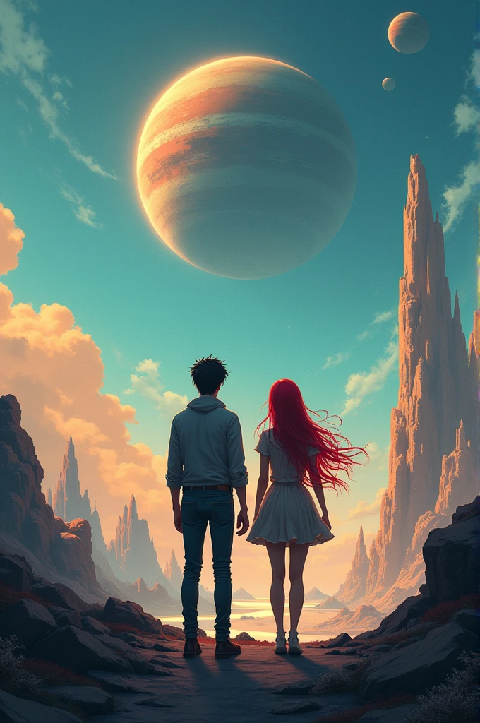 Two people, a black-haired man and a red-haired woman, standing with their backs turned on a planet far from Earth