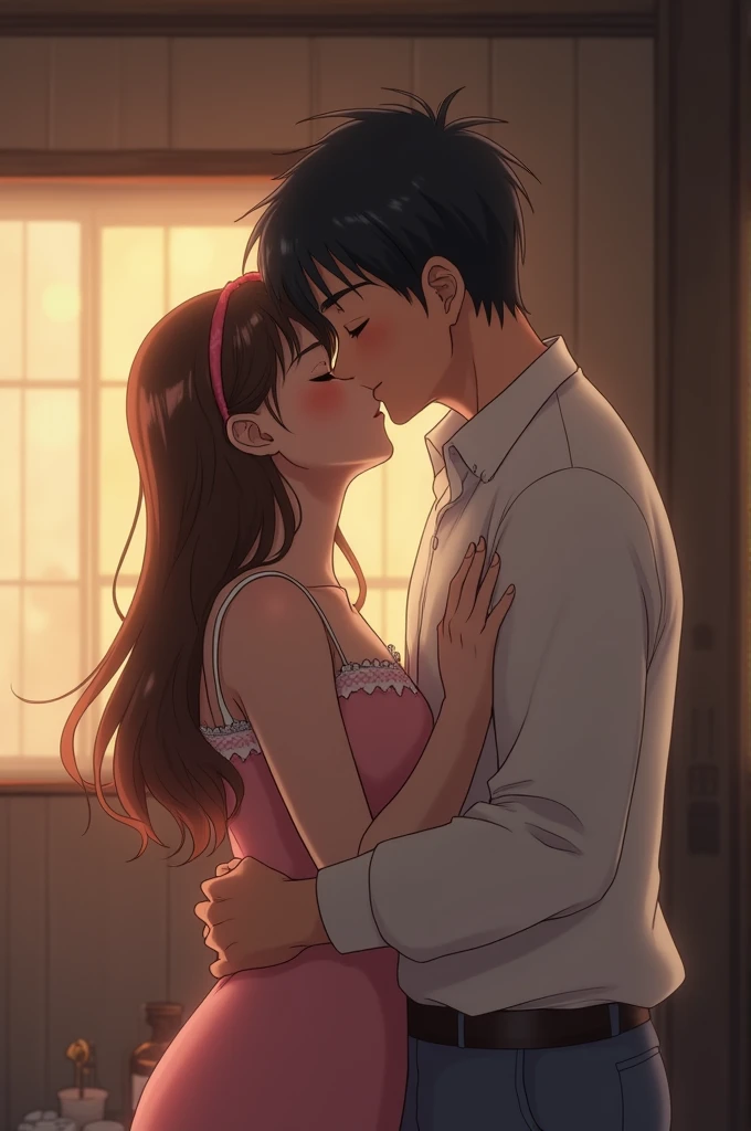 anime scene of a man and a woman kissing in a room, kissing each other beautifully, anime cel shading,  and peasant first kiss, anime movie screenshot, anime movie screenshot, tv anime frame., in the anime movie, knights of the zodiac girl, Gainax anime style, Screenshot from the anime Guro, anime movie scene