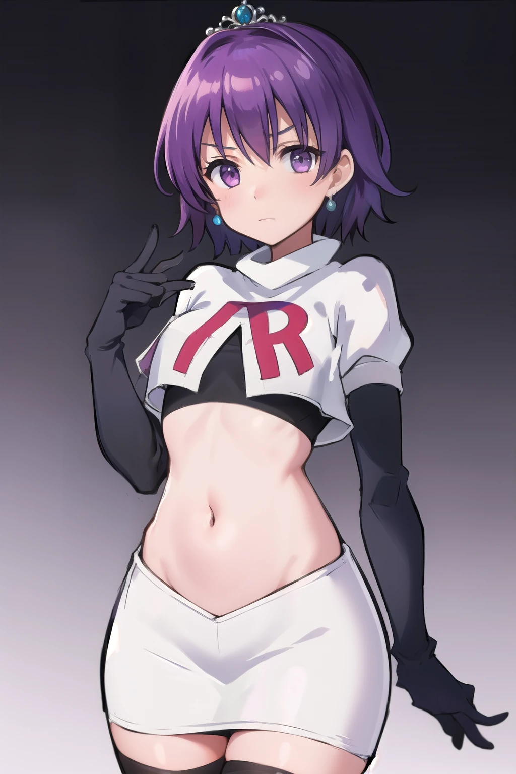 best quality, (masterpiece:1.2), illustration, absurdres,
(1girl, solo), (beautiful detailed girl), 
Klaudia von Auslese, purple_hair, short_hair, purple_eyes, small_breasts, timid, (shy:0.8),
jewelry, silver tiara, team rocket,team rocket uniform,white skirt,red letter R,crop top,black thigh-highs,black elbow gloves, looking at viewer,
