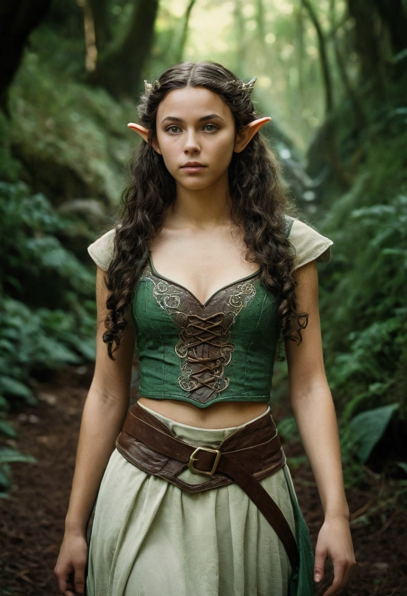 analog film photo, photo of an elven maiden, 18-years-old, elf ears, tan complexion, amber eyes, dark hair, long wavy curls, Amazonian stature, toned hourglass figure, busty breasts, narrow waist, full wide hips, big round butt, wearing a tank top and a battle skirt, strolling along a fantasy landscape, RAW Photograph, dslr, soft lighting, high quality, film grain, Fujifilm XT3, detailed skin with visible pores, insane details, masterpiece, 8k, 35mm photograph, dslr, kodachrome, faded film, desaturated, grainy, vintage, Lomography, stained, highly detailed, found footage, close-up shot, elven ears