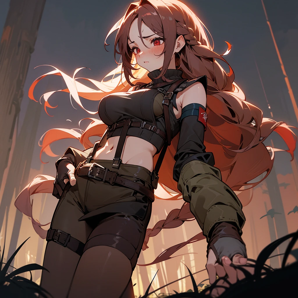 1female, sexy, big breast, young adult, finely detailed red eyes, wild long hair, braided hair, dark brown color hair, adventurer gear, suspenders, sleeveless crop top sweater, combat skirt, night time, dark forest, somber expression, flowers, blushing, standing on path, lanturns, black armband, mma gloves