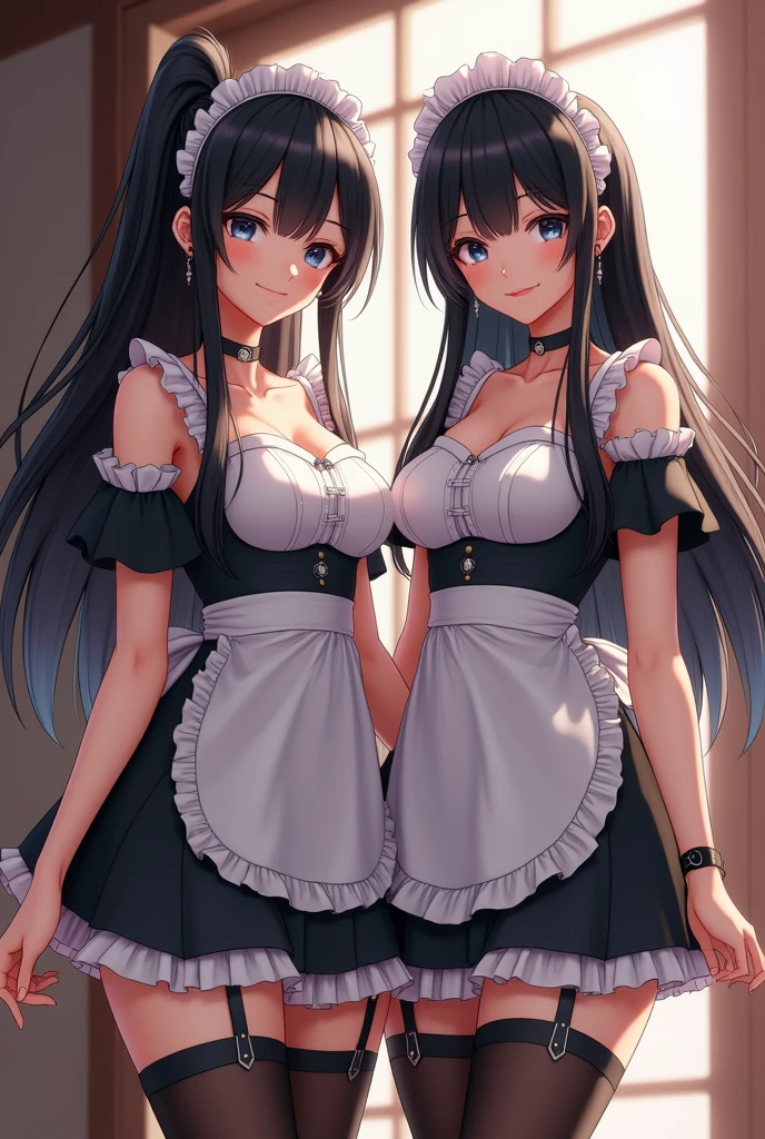 (Best Quality, masutepiece, Official art, hight resolution:1.2), the Extremely Detailed CG Unity 8K Wallpapers, photographrealistic, Ultra-detail, (2 Japanese girl, solo, maid), Long hair, (black hair:1.2), (bangs), Smile, prefect face, Pre-Blue Eye, blush, Open mouth, ( Nude huge breasts, drooping chest, nipples showing, cleavage:1.2), thighs thighs thighs thighs, Maid headdress, Waist apron, White Apron, frilld, black thighhighs, Choker, earrings, Bracelet, Standing, Look up,