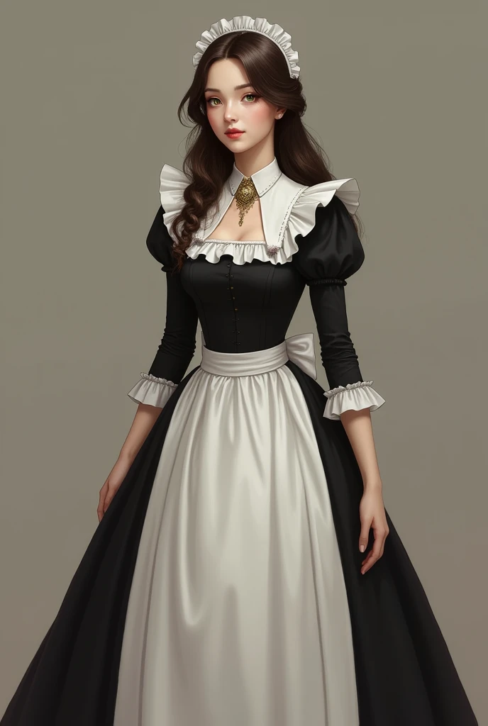 crinoline, victorian 19th century maid long dress, collar with nametag, collar with chain, dark brown hair, long hair, 155cm tall, woman, 1, freckless, small butt, full body view, slim body, a light green left eye, a deep brown right eye, hairless body, slim but round face, B cup boobs, 