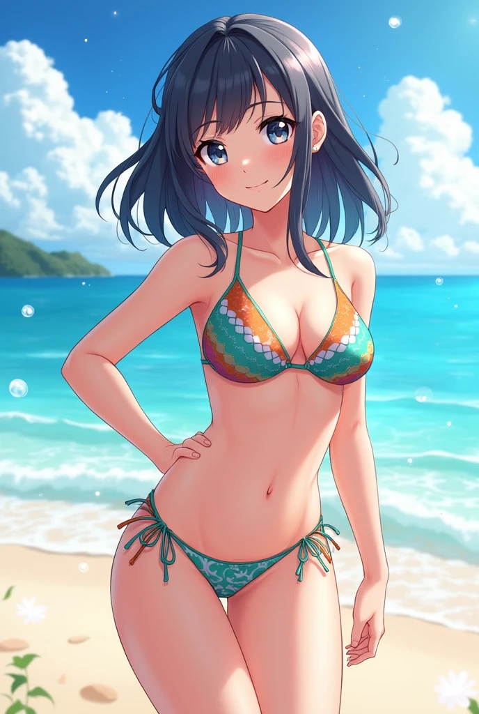 Anime girl standing on beach bikini 