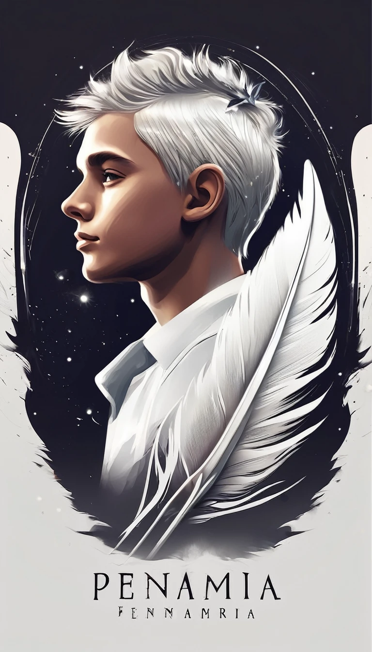 Create a minimal, modern, simple, inspirational, fantastic, poetic, epic, original, memorable, dream like, cinematic logo design of a dreamer boy and a cinematic, memorable white fantastic feather for the brand “Penamemoria". The logo design must convey the artistic, fantastic, epic inspiration of a dreamer boy in a unique, fantasy cinematic white feather.
