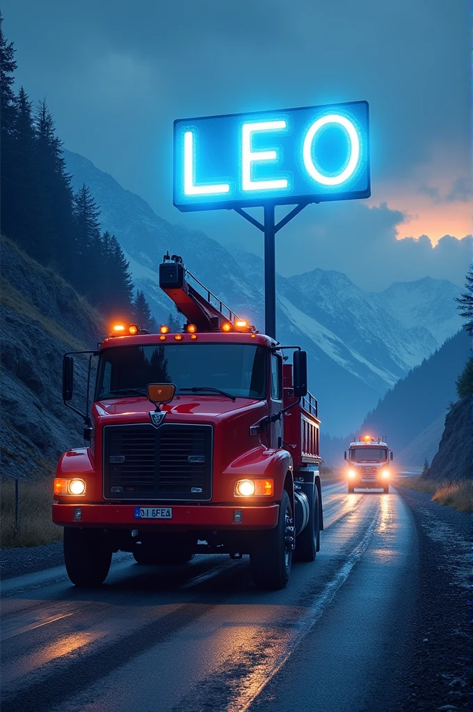 The name LEO in blue with a red crane-type truck in the background around flashes of light in the background a mountain road 