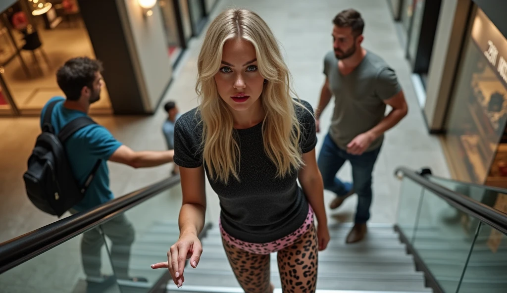 photorealism:1.2), beautiful girl blond with Nordic features, upturned nose, blue eyes, red lipstick, big big boobs, patterned black t-shirt with long neckline, leopard skin leggings trasparent reveals ass with leopard pink thong, climbs the stairs shopping center, top view profile, husband and other man look and touch she