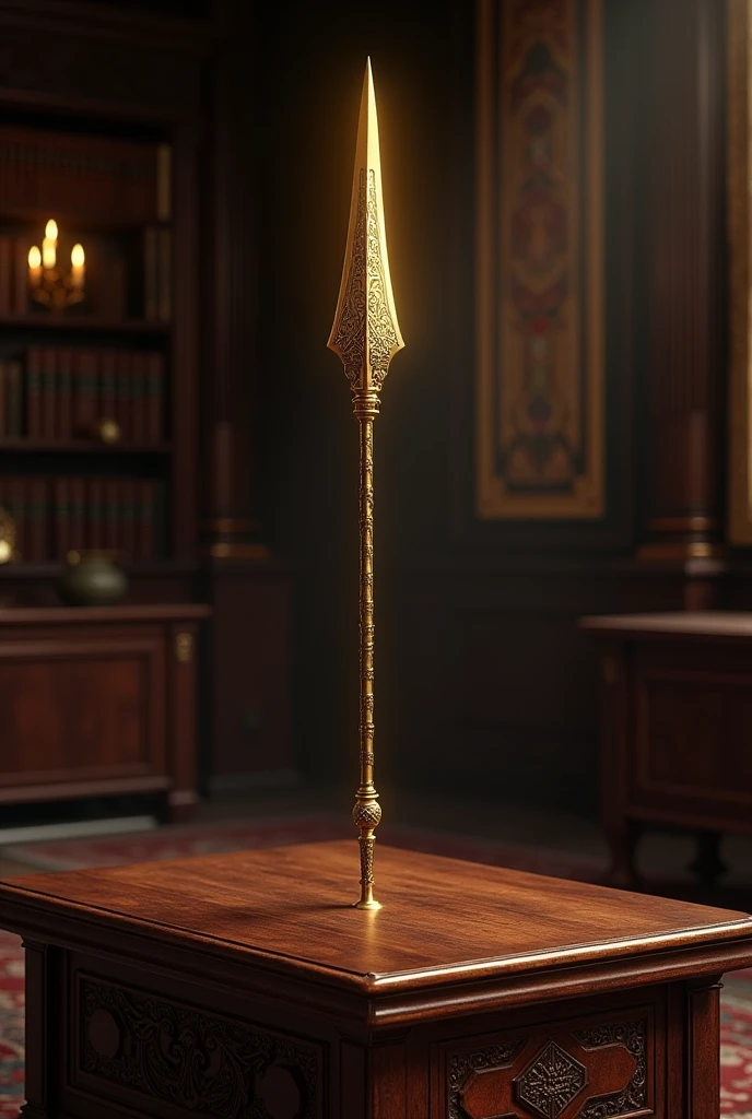 A golden spear on a table