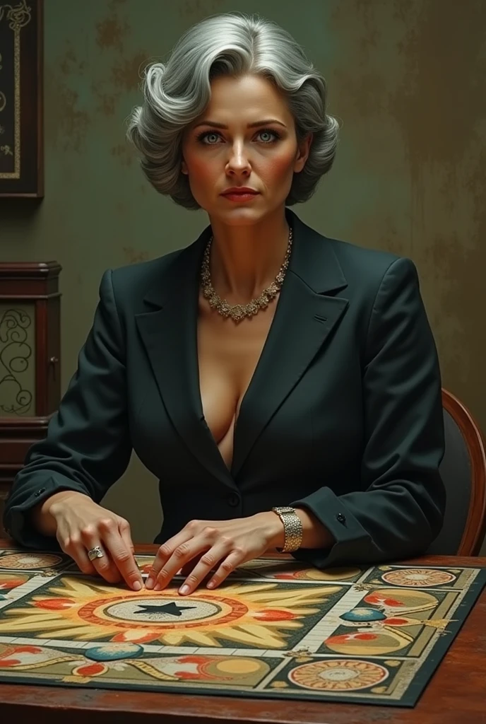 Valentina Tereshkova in board game style mafia with dark beige and green background with short hair old year