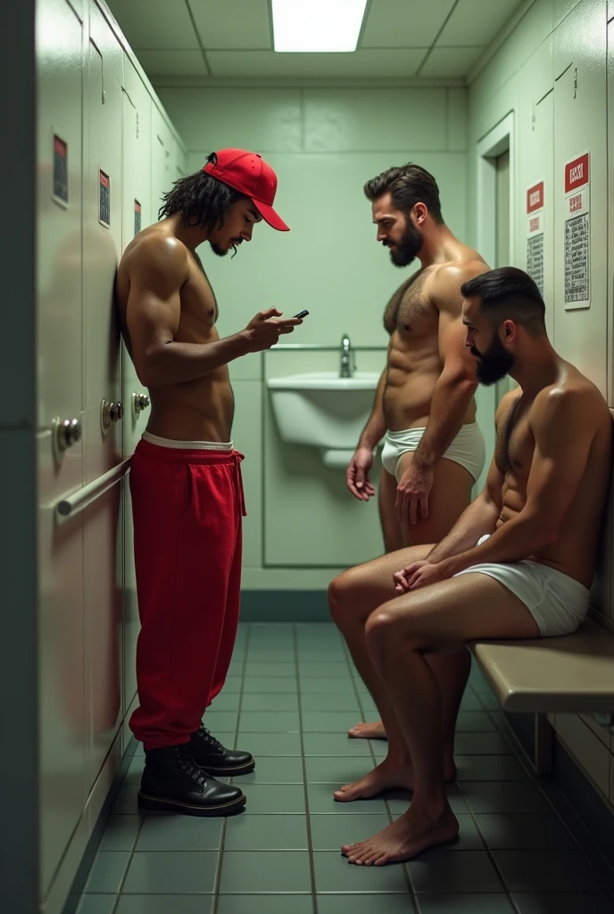 Young mixed race gas station attendant standing in bathroom, Looking at cell phone, wearing no shirt, with red cap, and with low red sweatpants showing white underwear and wearing black boots, next to a strong, hairy mixed race man in white underwear, Being watched by a man sitting on the bench.