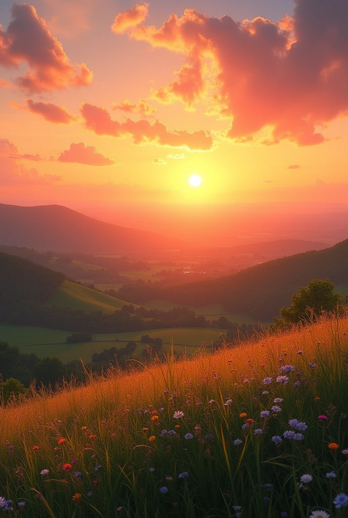 create a sunset scene from the top of a hill