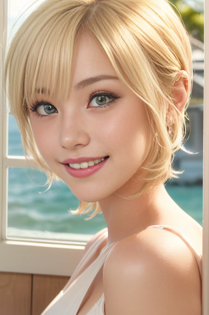 (A very cute 20 year old young woman from Japan.), ((Light blonde delicate hair)), (sitting on the beach), ((Short hair with messy side waves)),(((Slim and slender figure)))，Medium bust size､Small breasts､ (((Clean your hands)))，(Curly Hair)，(((A very kind smile))), green eyes, glasslike eyes,
