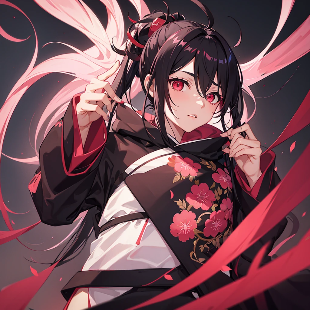 1 Boy with long hair tied in a ponytail, dark black, scarlet red eyes and light skin in a pink kimono