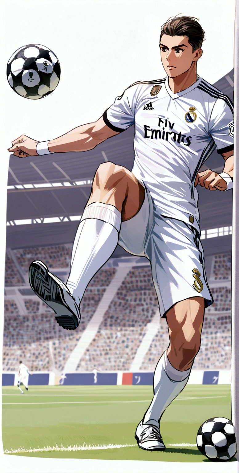 Cristiano Ronaldo in the Real Madrid shirt kicking the ball towards the right corner of the goal