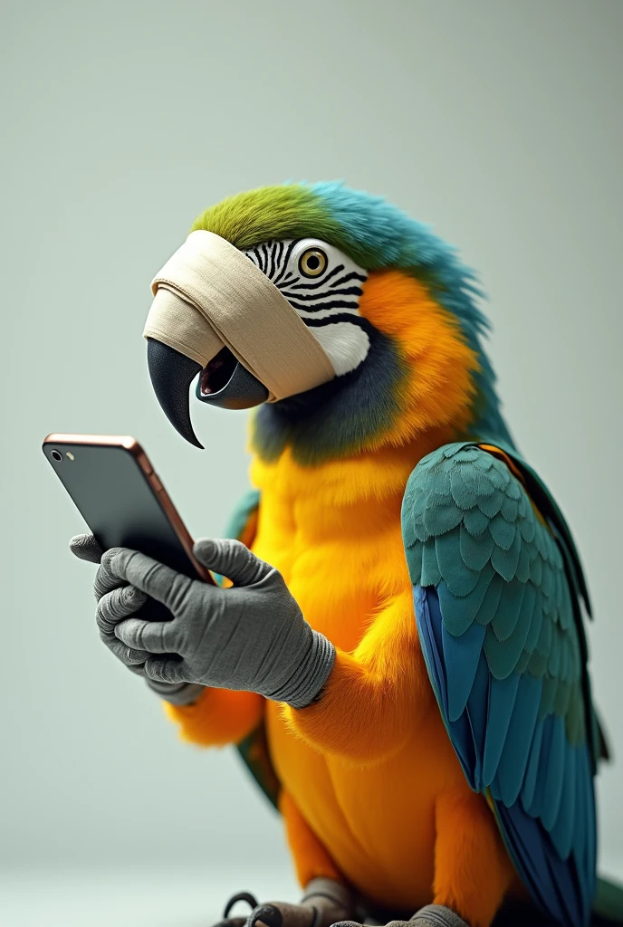 Image of a parrot with its beak heavily bandaged and looking at its phone 