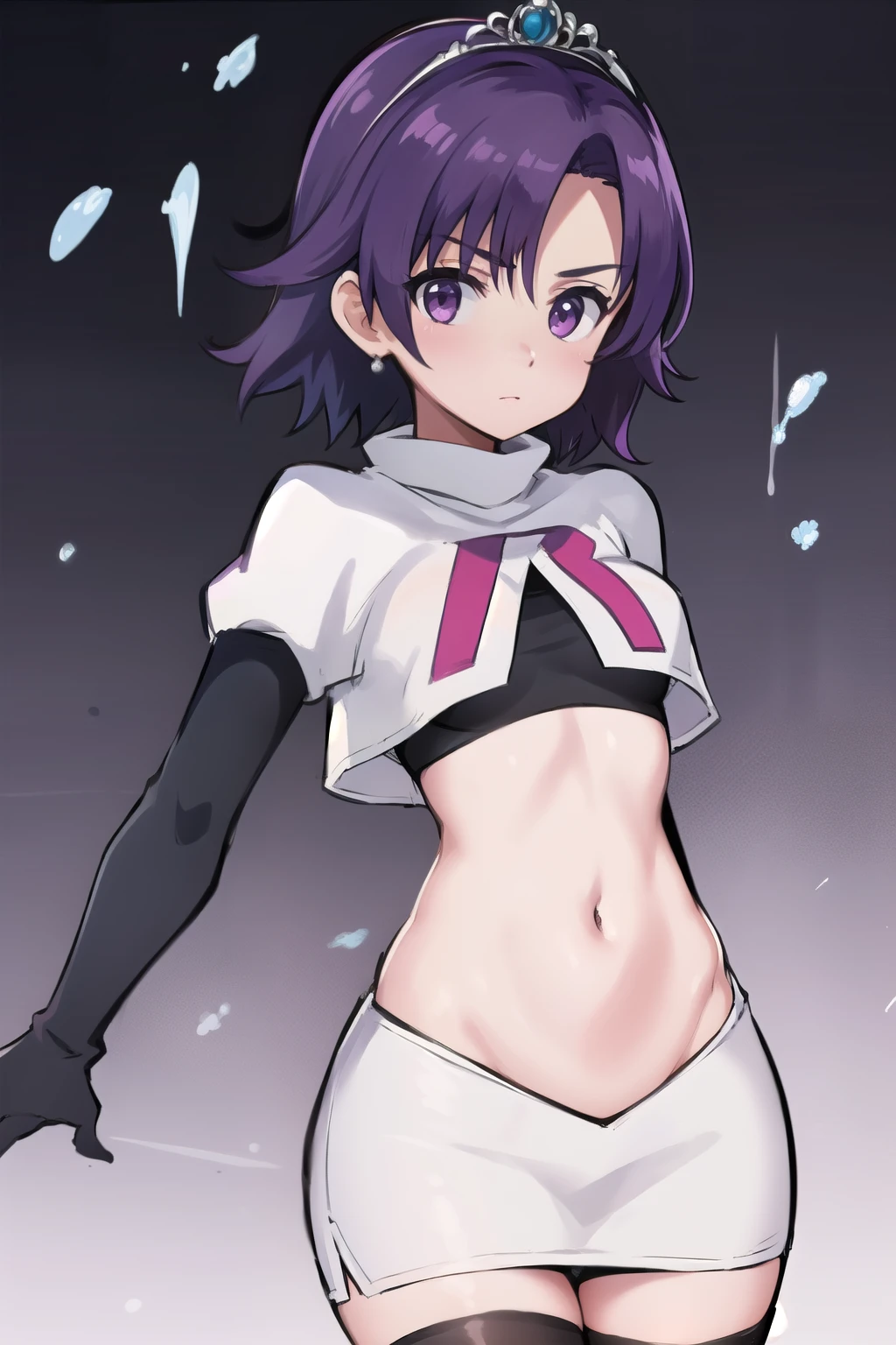 best quality, (masterpiece:1.2), illustration, absurdres,
(1girl, solo), (beautiful detailed girl), 
Klaudia von Auslese, purple_hair, short_hair, purple_eyes, small_breasts, timid, (shy:0.8),
jewelry, silver tiara, team rocket,team rocket uniform,white skirt,red letter R,crop top,black thigh-highs,black elbow gloves, looking at viewer,
