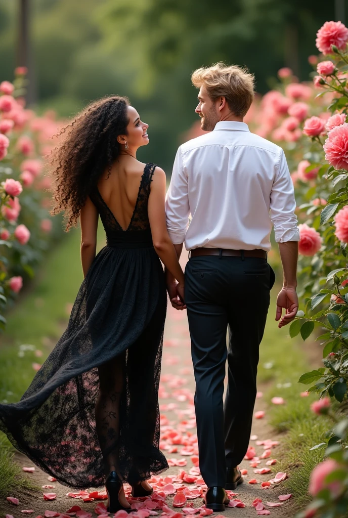 Photo:  une femme de 25 ans, européenne, les cheveux longs noir boucle tombant en cascade sur ses épaules entourant un visage doux aux yeux marron emplie de joie. Elle porte une longue robe noir sexy en dentelle.  Avec elle un homme de 25 ans, ses cheveux mi long blond bien coiffé de entourant un visage aux yeux vert emplie de tendresse. Il porte un pantalon noir de costume et une chemise blanche. Ils se balade main dans la main dans une roseraie 