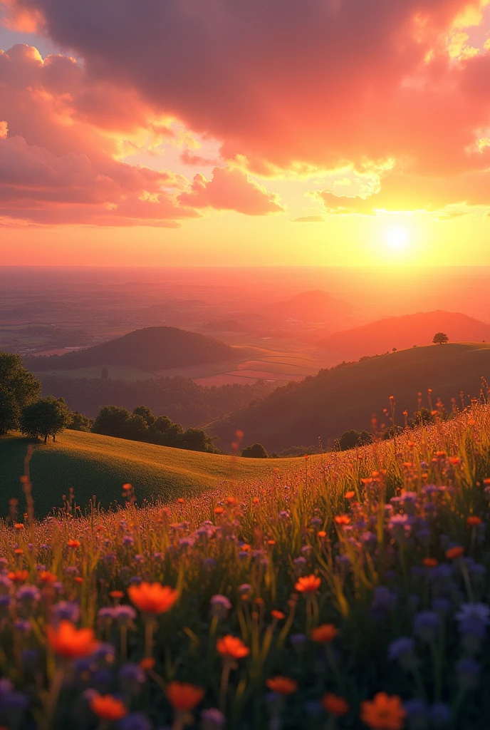 create a sunset scene from the top of a hill