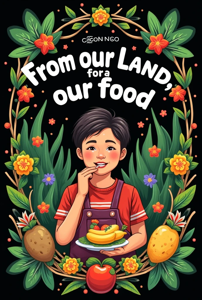Poster with the theme of local food (Siantar/North Sumatra) with some word" From our land, for Our Food"
(With a 1 people eat food or fruit, like banana, potato anything, have some vegetable ) with view like a village or just background black