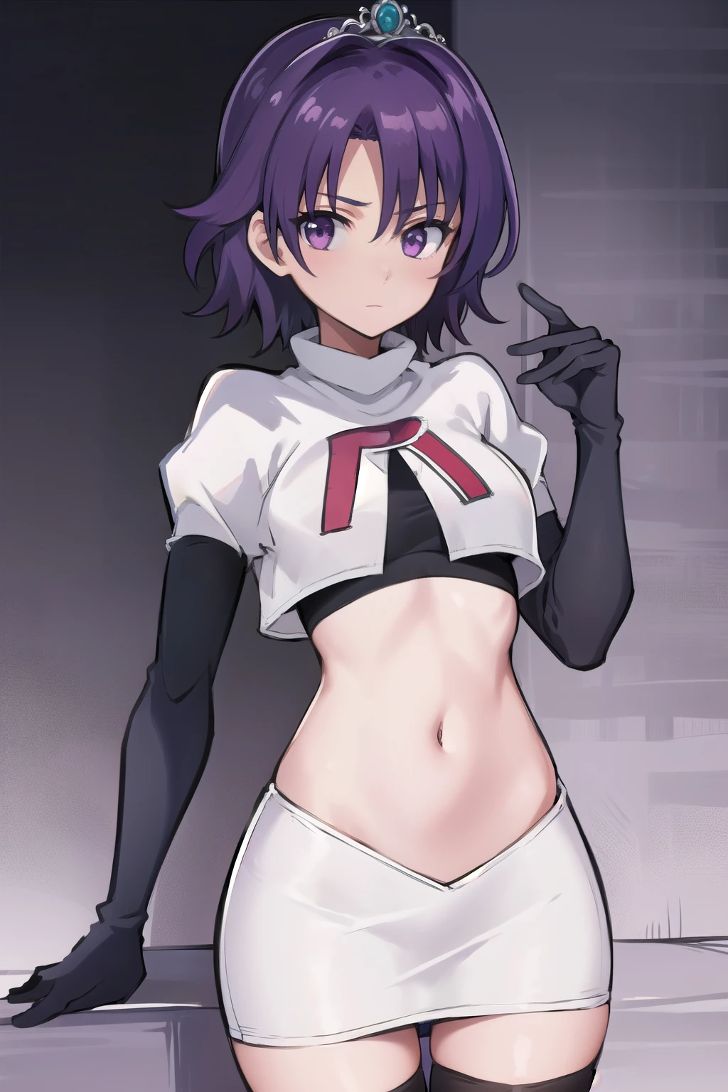 best quality, (masterpiece:1.2), illustration, absurdres,
(1girl, solo), (beautiful detailed girl),
Klaudia von Auslese, purple_hair, short_hair, purple_eyes, small_breasts, timid, (shy:0.8),
jewelry, silver tiara, team rocket,team rocket uniform,white skirt,red letter R,crop top,black thigh-highs,black elbow gloves, looking at viewer,