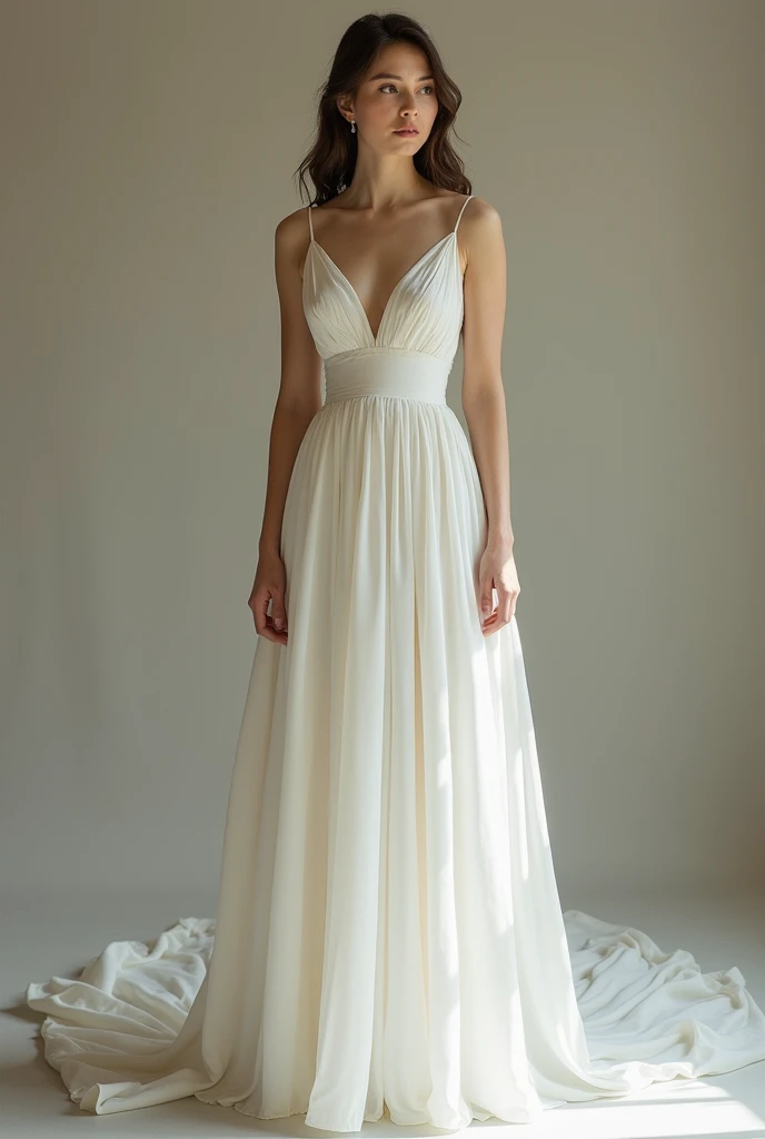 Simple wedding dress in vintage mikado fabric without volume with details