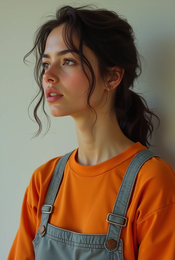 There is a woman with an orange shirt and gray overalls., looks like fabiula natal, 30 year old woman, 30 year old woman, powder Nándor Katona, profile image, around 1 , comely, Ayahausca, Crespo, malika favre, Andreia Rocha, very low quality image