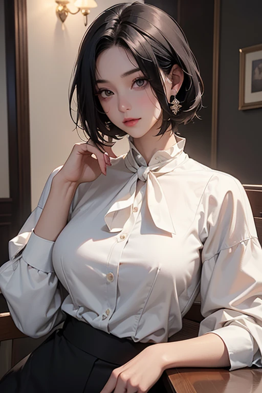 (best quality、masterpiece、high resolution)、4K Art、reality、concept art、portrait、whole body、female、40 years old、big bust、black hair、short bob、lonely woman、beautiful skin、white blouse、((dark cafe)),