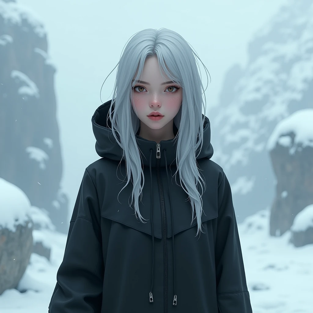 She has a cold temperament，He has light brown eyes and long silver-white hair in ice and snow，High nose bridge，Thin lips，It gives a feeling of being difficult to approach when not speaking，The young woman was wearing a very strange dress，It's like a black robe，It&#39;s a bit like a modified windbreaker.