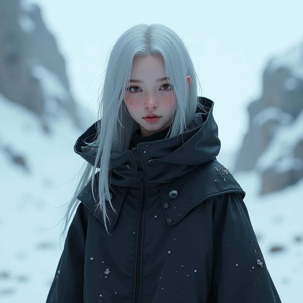She has a cold temperament,He has light brown eyes and long silver-white hair in ice and snow,High nose bridge,Thin lips,It gives a feeling of being difficult to approach when not speaking,The young woman was wearing a very strange dress,It's like a black robe,It's a bit like a modified windbreaker.