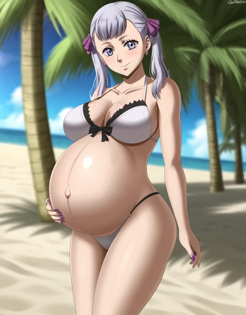 noelle_blackclover, Noelle Silva, Black Clover, long silver hair, waist-length hair, half-up half-down hairstyle, ribbon, side-parted bangs, almond-shaped blue eyes, high-quality, ultra-detailed, beast quality, 8K resolution,
looking at viewer, dutch angle, cowboy shot, smile, pregnant belly, large belly, big belly, big Breasts, belly button, Earrings,
1girl,solo, indoors, beach, happy, Smiling, rub belly, Swimming,
full body, Nail polish, Shiny skin