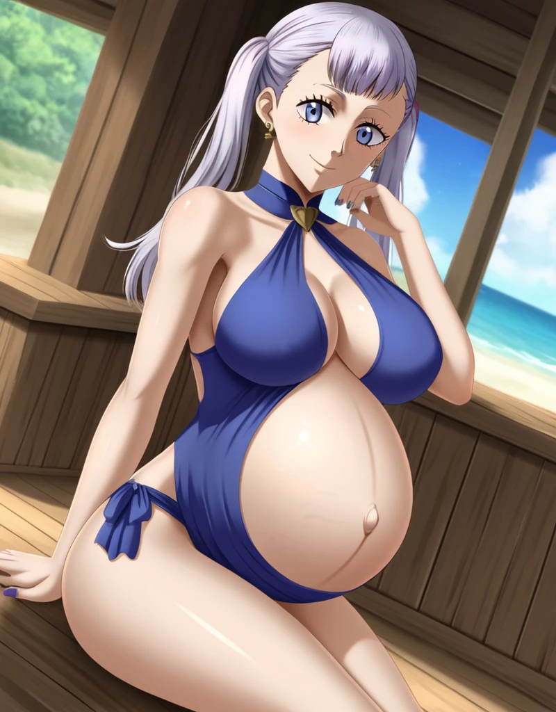 noelle_blackclover, Noelle Silva, Black Clover, long silver hair, waist-length hair, half-up half-down hairstyle, ribbon, side-parted bangs, almond-shaped blue eyes, high-quality, ultra-detailed, beast quality, 8K resolution,
looking at viewer, dutch angle, cowboy shot, smile, pregnant belly, large belly, big belly, big Breasts, belly button, Earrings,
1girl,solo, indoors, beach, happy, Smiling, rub belly, Swimming,
full body, Nail polish, Shiny skin