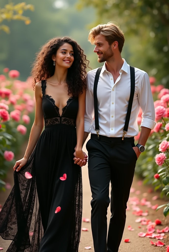 Photo:  une femme de 25 ans, européenne, les cheveux longs noir boucle tombant en cascade sur ses épaules entourant un visage doux aux yeux marron emplie de joie. Elle porte une longue robe noir sexy en dentelle.  Avec elle un homme de 25 ans, ses cheveux mi long blond bien coiffé de entourant un visage aux yeux vert emplie de tendresse. Il porte un pantalon noir de costume et une chemise blanche. Ils se balade main dans la main dans une roseraie 