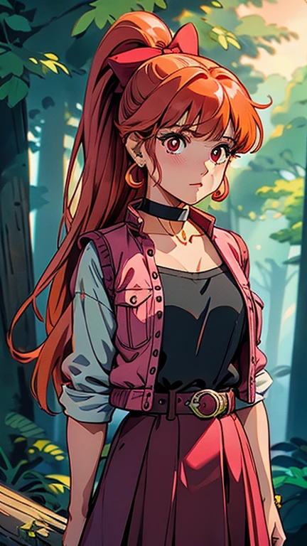 (s:1girl: ppgzbs), (extremely detailed CG unit 8k wallpaper),(master part), (best quality), (ultra detail), (best illustration),(GHIBLI_Background), cowboy shot, (Sharp eyeliner, ombre, detailed eyes:1), forest, outdoor, ,break , (lora:80'sFusion:0.6), upper body, red eyes, long orange hair, ponytail, pink hair bow, blunt bangs, earrings, black choker, pink vest, red skirt, belt, looking at viewer,