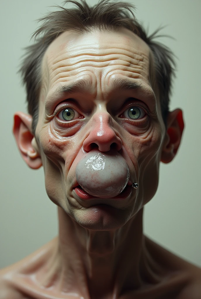 Create a very realistic image of a skinny man with a scared face! With phlegm in the nose and a piercing in the mouth!